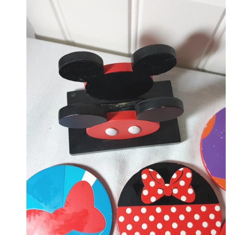 Disney Mickey Mouse Wooden Coaster Set with Holder Red Blue 4pc One‎ Size